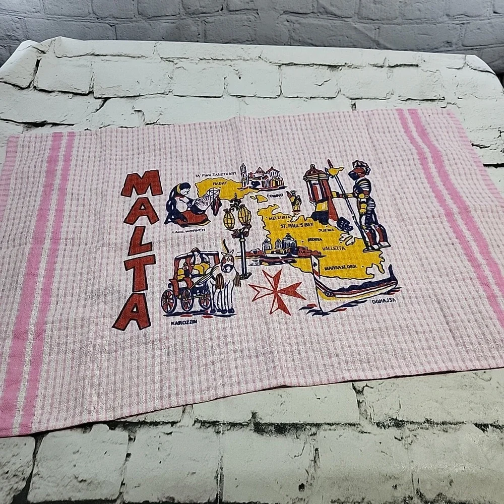Vintage Tea Towel MALTA The Maltese Islands Travel Souvenir Pink 100%‎ Cotton